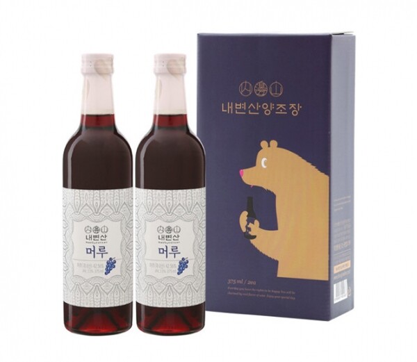 친환경 먹거리 다팜,내변산양조장 국산와인 참뽕 오디 레드 와인 반달곰이 품은 선물세트 375ml X 2 (13도)